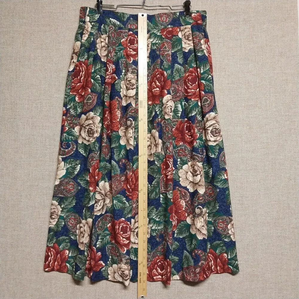 Vintage Kathie Lee Rich Orange Beige Blue Floral Skirt Pleated Maxi USA  Size 10